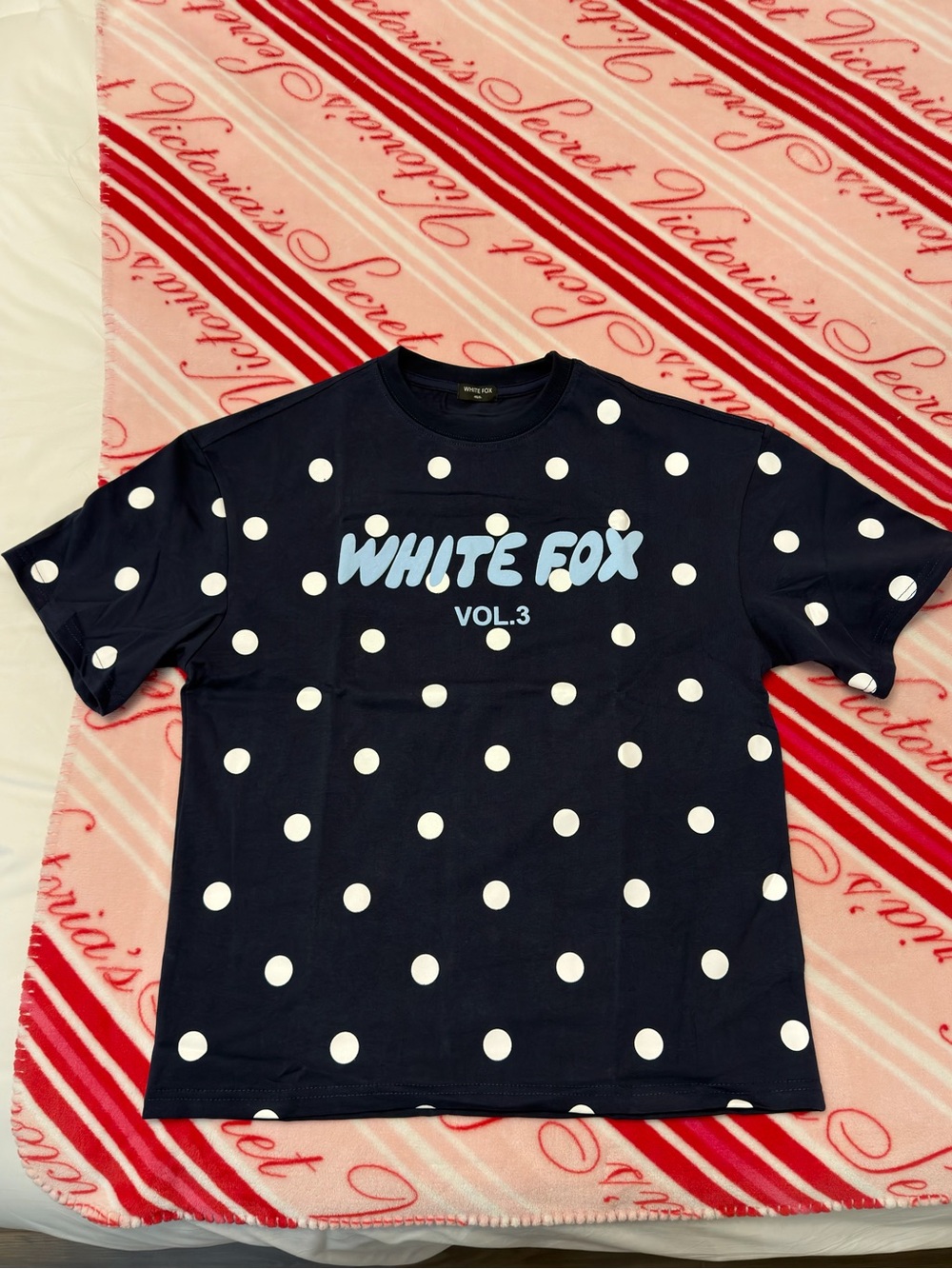 White Fox Boutique Polka Dot Tee in Navy with Light Blue Logo